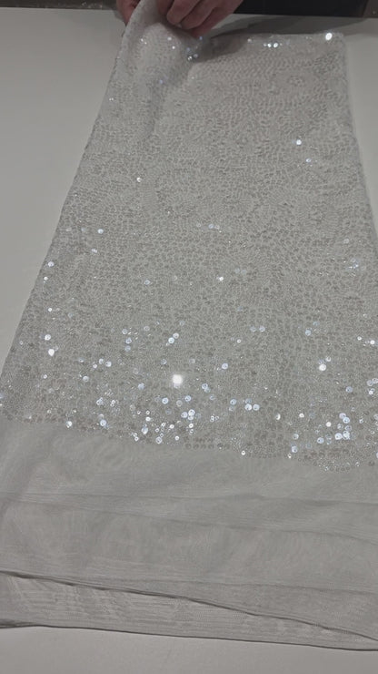 LL-1592, transparent meshfabric with big and small sequins in off-white color