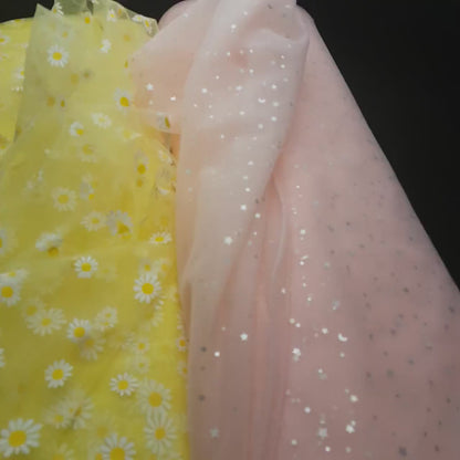 Soft tulle fabric, star and moon tulle print in rosé color LL-1468, margaret flowers print in yellow color LL-1469, printed mesh fabric