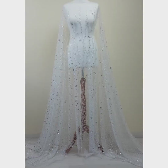 Gorgeous fabric in modern design, white tulle fabric with shiny sequins and beads in silver color, bridal tulle, wedding tulle  LL-1147