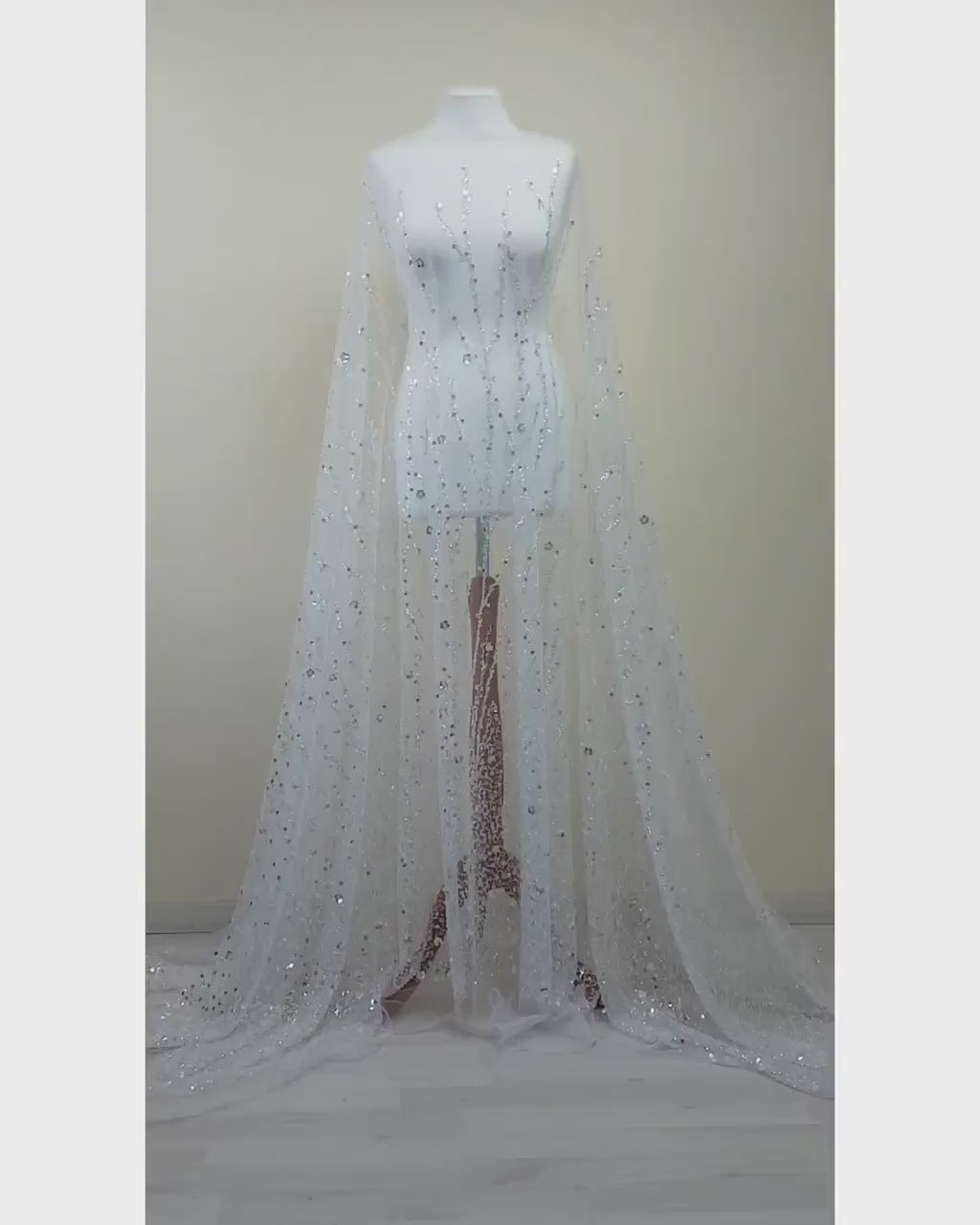 Gorgeous fabric in modern design, white tulle fabric with shiny sequins and beads in silver color, bridal tulle, wedding tulle  LL-1147