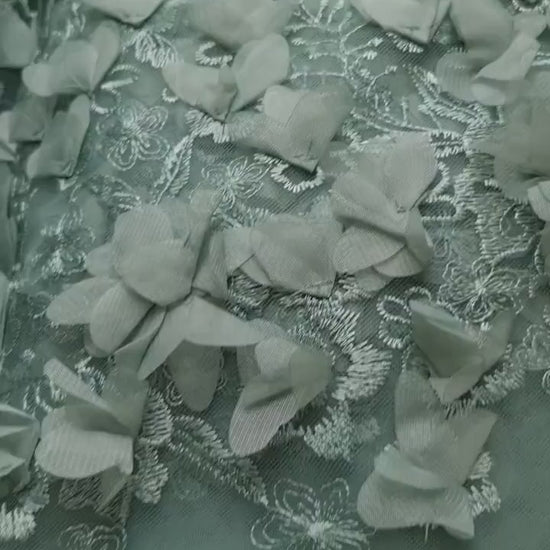 LL - 1453, Beautiful lace fabric with big 3d flowers in sage green color