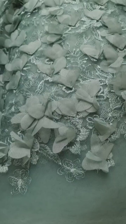 LL - 1453, Beautiful lace fabric with big 3d flowers in sage green color