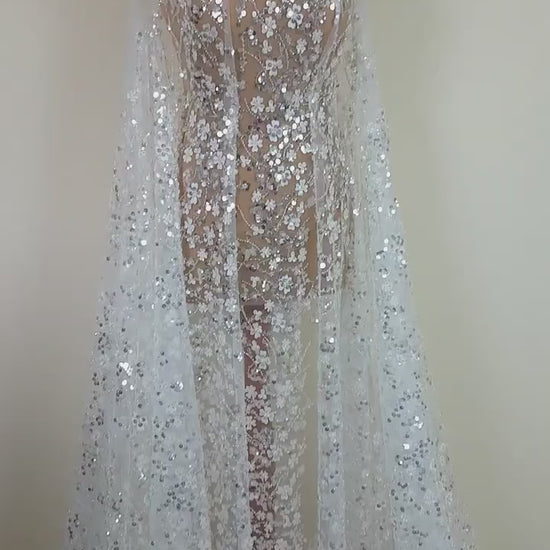 3D Flower Lace, beaded bridal lace fabric with big crystal sequins, Couture Lace Fabric, luxurious wedding dress lace, designer lace LL-1384