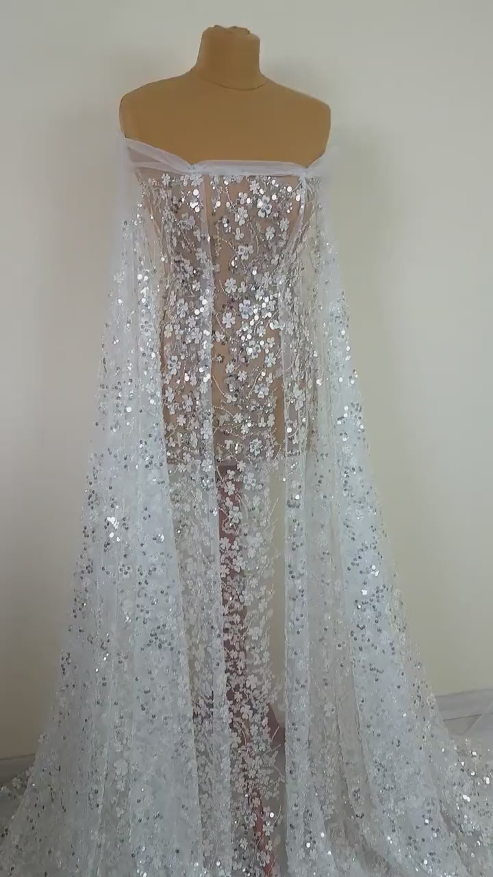 3D Flower Lace, beaded bridal lace fabric with big crystal sequins, Couture Lace Fabric, luxurious wedding dress lace, designer lace LL-1384