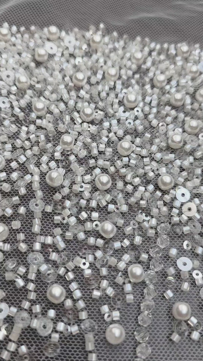 LL-1582, handmade lace fabric with beads in white color, starts at 0,5m