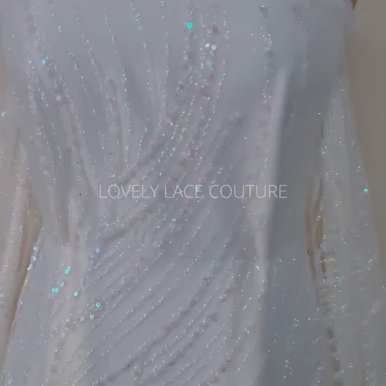 Glitter fabric with sequins in white color, net fabric with abstract design LL-1401
