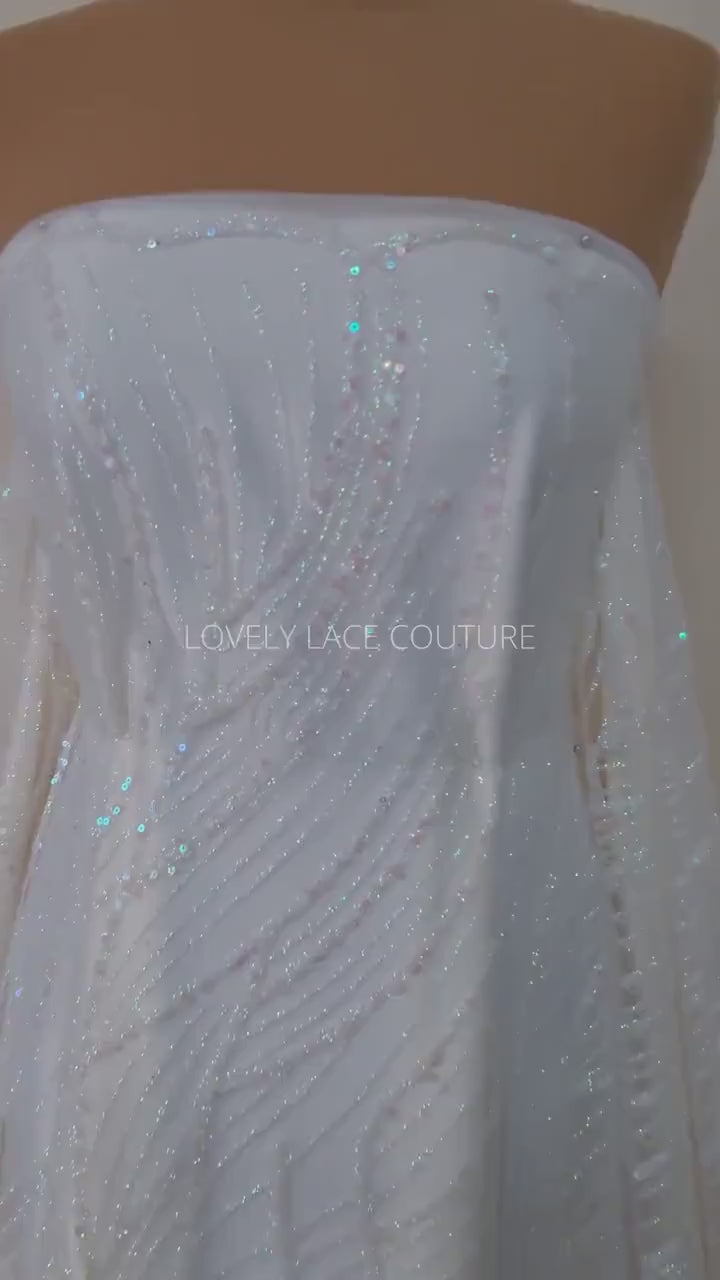 Glitter fabric with sequins in white color, net fabric with abstract design LL-1401