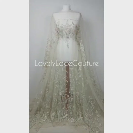 Wonderful Fairytale 3D-Flower Lace fabric in pastel colors on light yellow tulle, Colored bridal lace fabric, French wedding lace  LL-1311