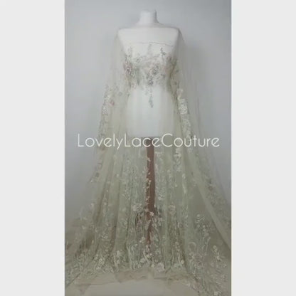 Wonderful Fairytale 3D-Flower Lace fabric in pastel colors on light yellow tulle, Colored bridal lace fabric, French wedding lace  LL-1311