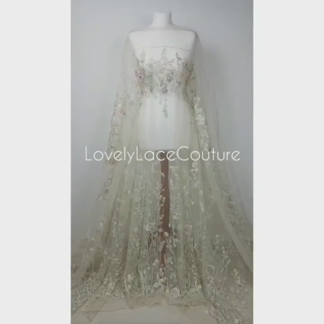 Wonderful Fairytale 3D-Flower Lace fabric in pastel colors on light yellow tulle, Colored bridal lace fabric, French wedding lace  LL-1311