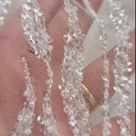 LL-1375, gorgeous beaded lace fabric with abstract pattern in off-white color, soft lace tulle fabric with beads and transparent sequins