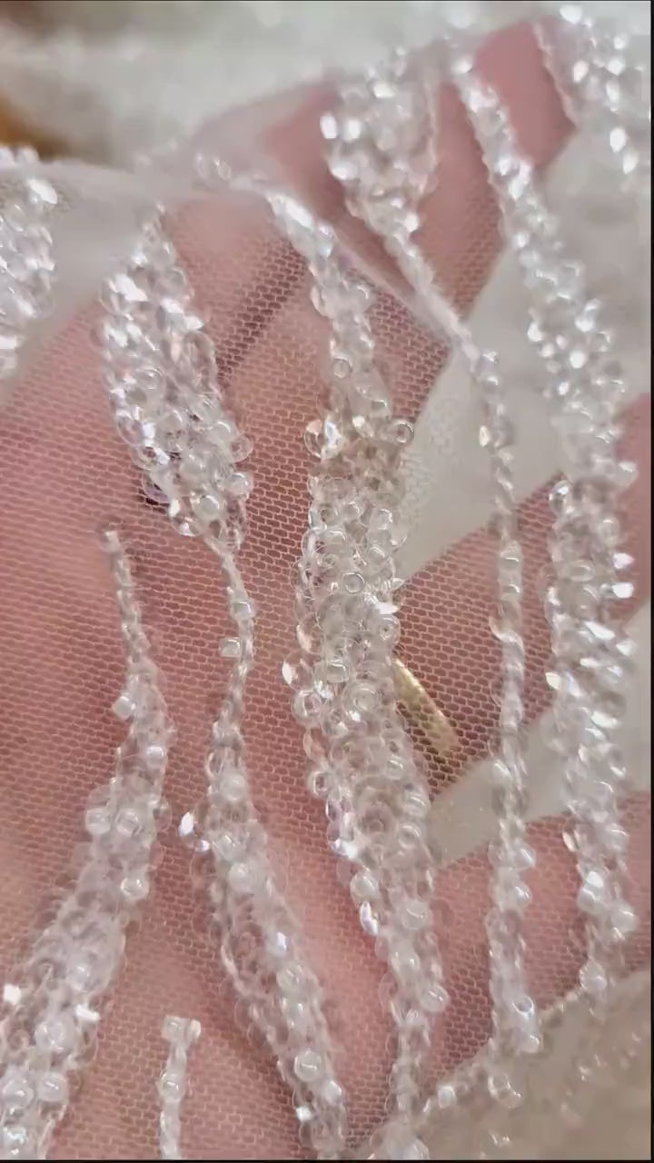 LL-1375, gorgeous beaded lace fabric with abstract pattern in off-white color, soft lace tulle fabric with beads and transparent sequins