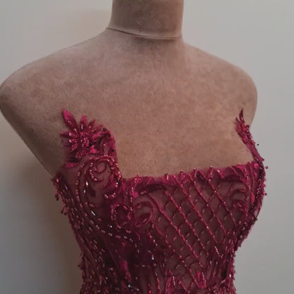 LL-1485, beaded bridal lace fabric with abstract ornamental flower design in dark red color