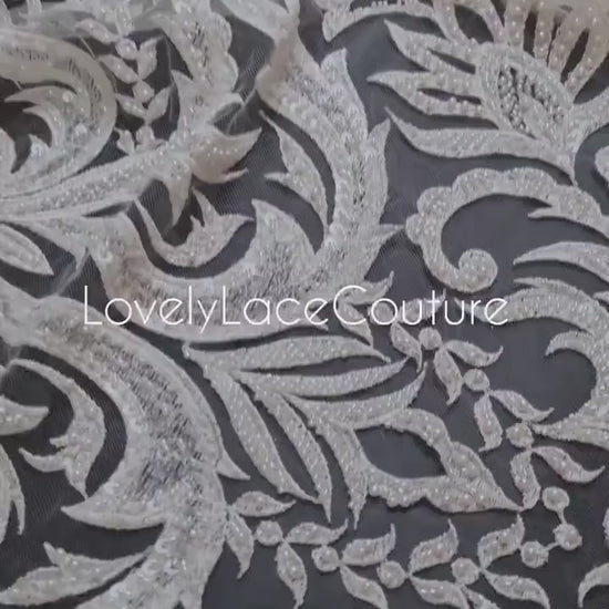LL-1547, bridal lace with beads and sequins in off-white color, Ornamental design, per meter