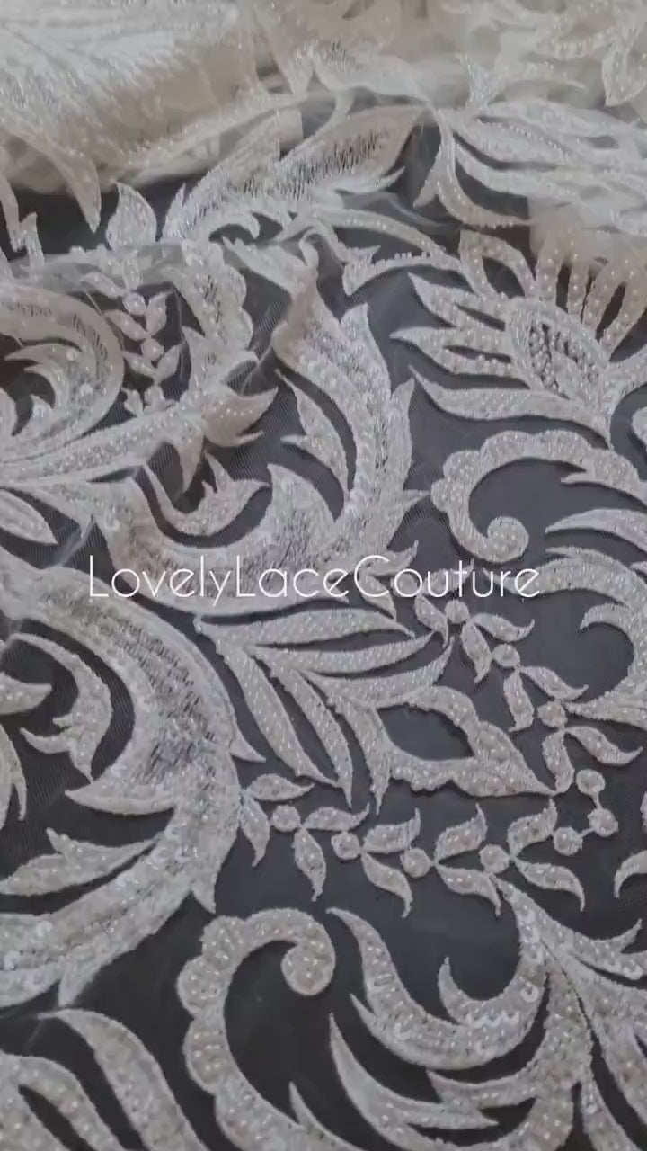 LL-1547, bridal lace with beads and sequins in off-white color, Ornamental design, per meter