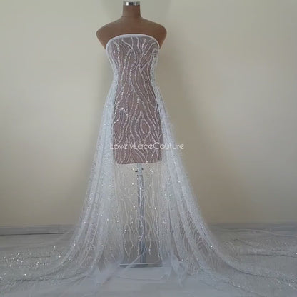 Abstrakte Brautspitze mit Perlen und Pailletten, Couture Spitze, Braut und Hochzeitspitze in off-white LL-1473 und turqouise LL-1474