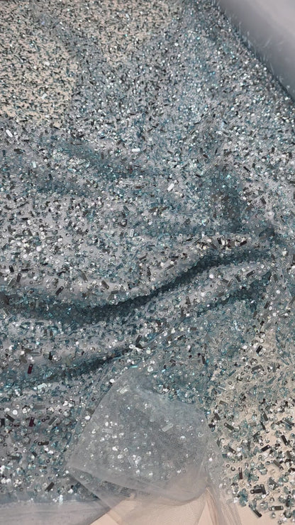 Beaded Lace Fabric with big sequins in light blue color