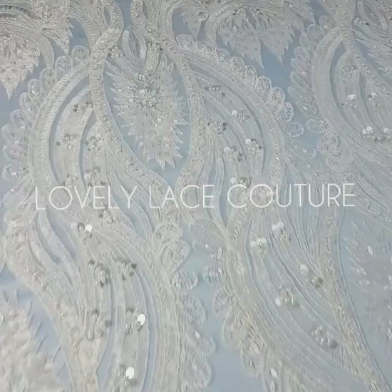 Gorgeous ornamental lace fabric with beads and big sequins in off-white LL-1326 or gold color LL-1345, lace for gown, from 1Meter