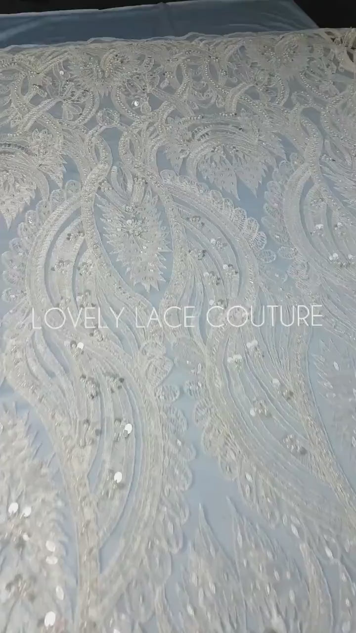Gorgeous ornamental lace fabric with beads and big sequins in off-white LL-1326 or gold color LL-1345, lace for gown, from 1Meter