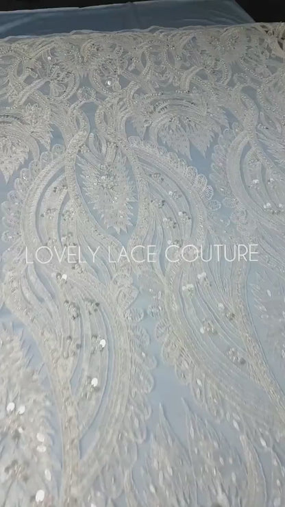 Gorgeous ornamental lace fabric with beads and big sequins in off-white LL-1326 or gold color LL-1345, lace for gown, from 1Meter