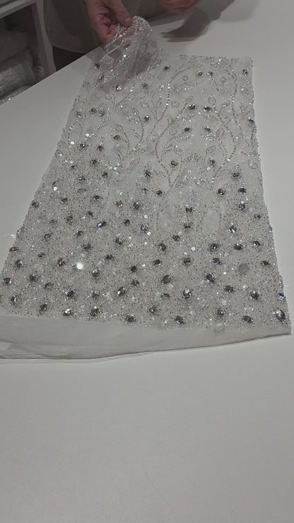 LL-1586, 3D white couture lace with gemstones for wedding dresses