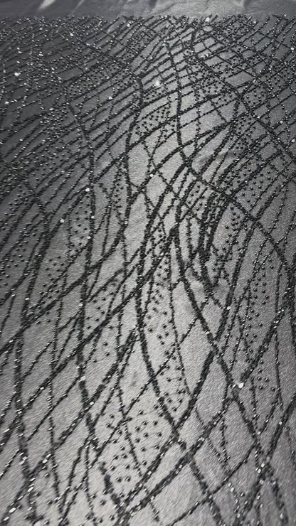 LL-1593, beaded black lace fabric with abstract wave design