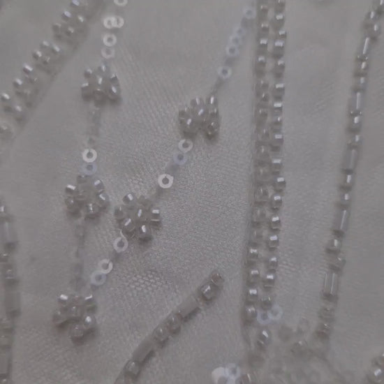LL-1487, gorgeous beaded bridal lace fabric with geometrical design in off-white color