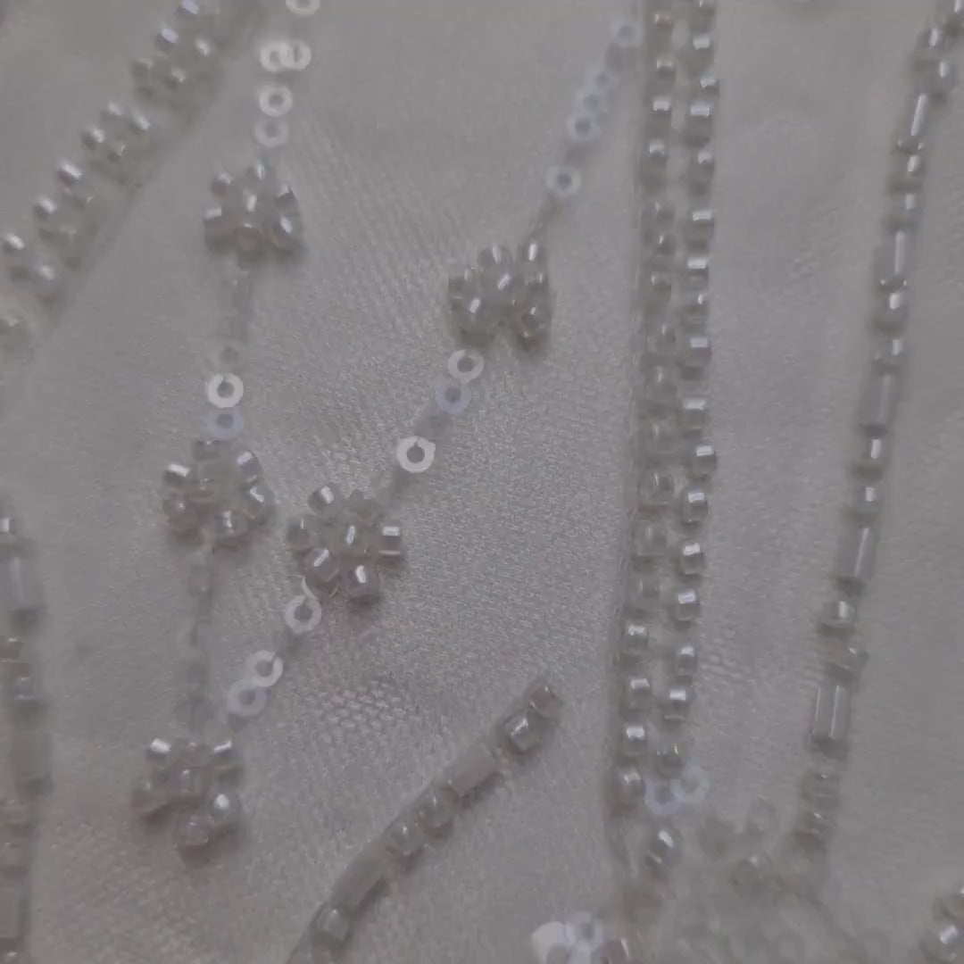 LL-1487, gorgeous beaded bridal lace fabric with geometrical design in off-white color
