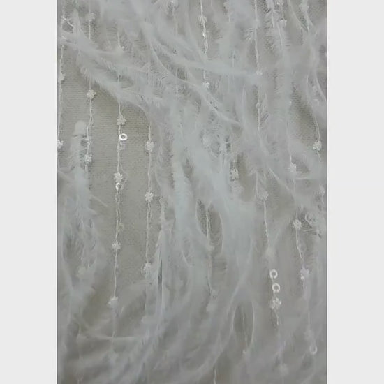 Stunning 3D French Lace Fabric in white with feathers and sequins, wedding lace fabric, bridal lace fabric, embroidery lace fabric  LL-1110