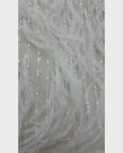 Stunning 3D French Lace Fabric in white with feathers and sequins, wedding lace fabric, bridal lace fabric, embroidery lace fabric  LL-1110
