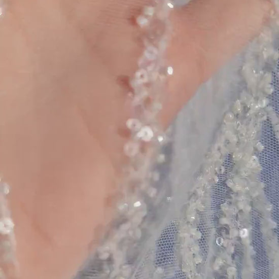 LL-1562, Gorgeous geometrical bridal lace fabric with beads and sequins by yards, luxurious beaded wedding dress lace in off-white color