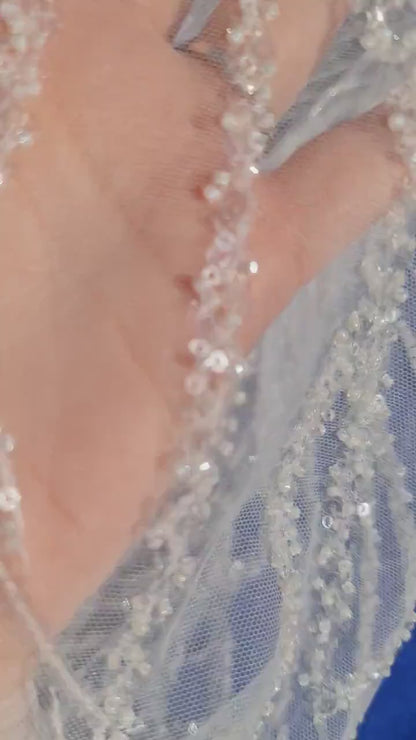 LL-1562, Gorgeous geometrical bridal lace fabric with beads and sequins by yards, luxurious beaded wedding dress lace in off-white color