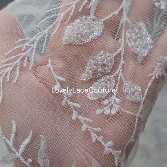 LL-1566, Sparkling delicate bridal lace fabric with leaf designs in white color, soft embroidery lace tulle fabric with beads and sequins
