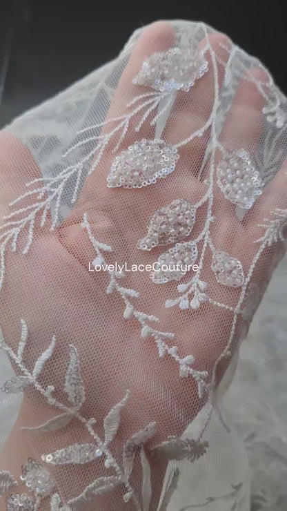 LL-1566, Sparkling delicate bridal lace fabric with leaf designs in white color, soft embroidery lace tulle fabric with beads and sequins
