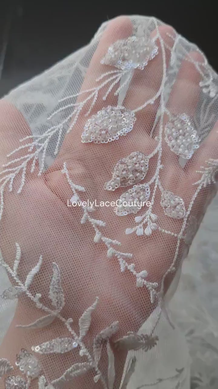 LL-1566, Sparkling delicate bridal lace fabric with leaf designs in white color, soft embroidery lace tulle fabric with beads and sequins