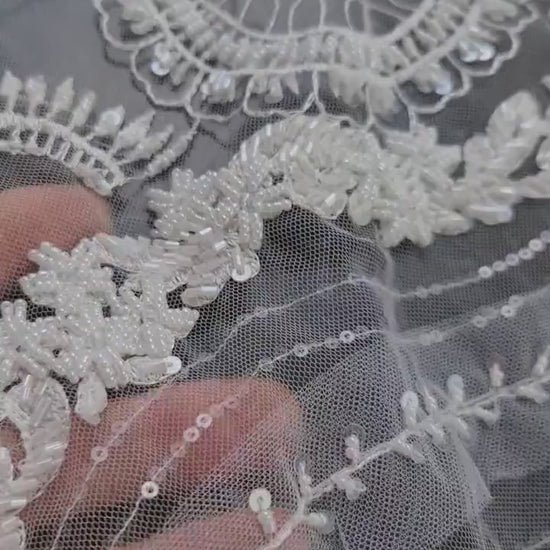 Beautiful rare beaded lace fabric with wave pattern in off-white LL-1329, or oldrose color LL-1330, star and moon design, start at 0,5m