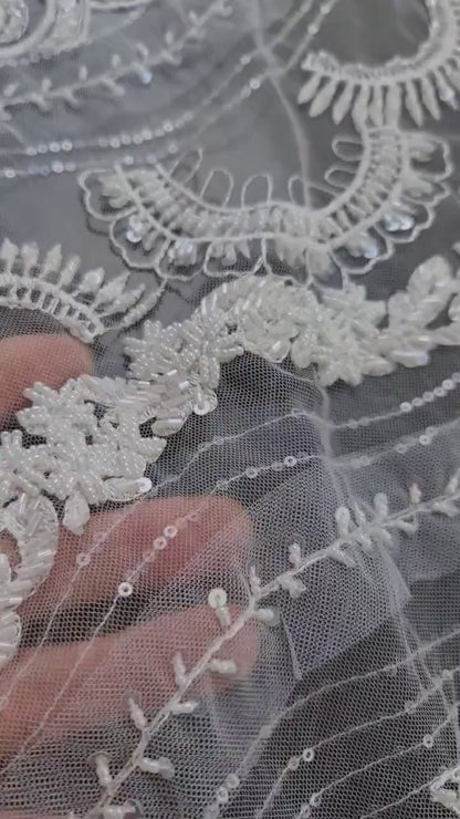 Beautiful rare beaded lace fabric with wave pattern in off-white LL-1329, or oldrose color LL-1330, star and moon design, start at 0,5m