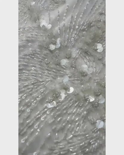 Heavy beaded bridal lace fabric in ivory color, with swarovski stones and big transparent sequins for stunning wedding dresses, LL-1141