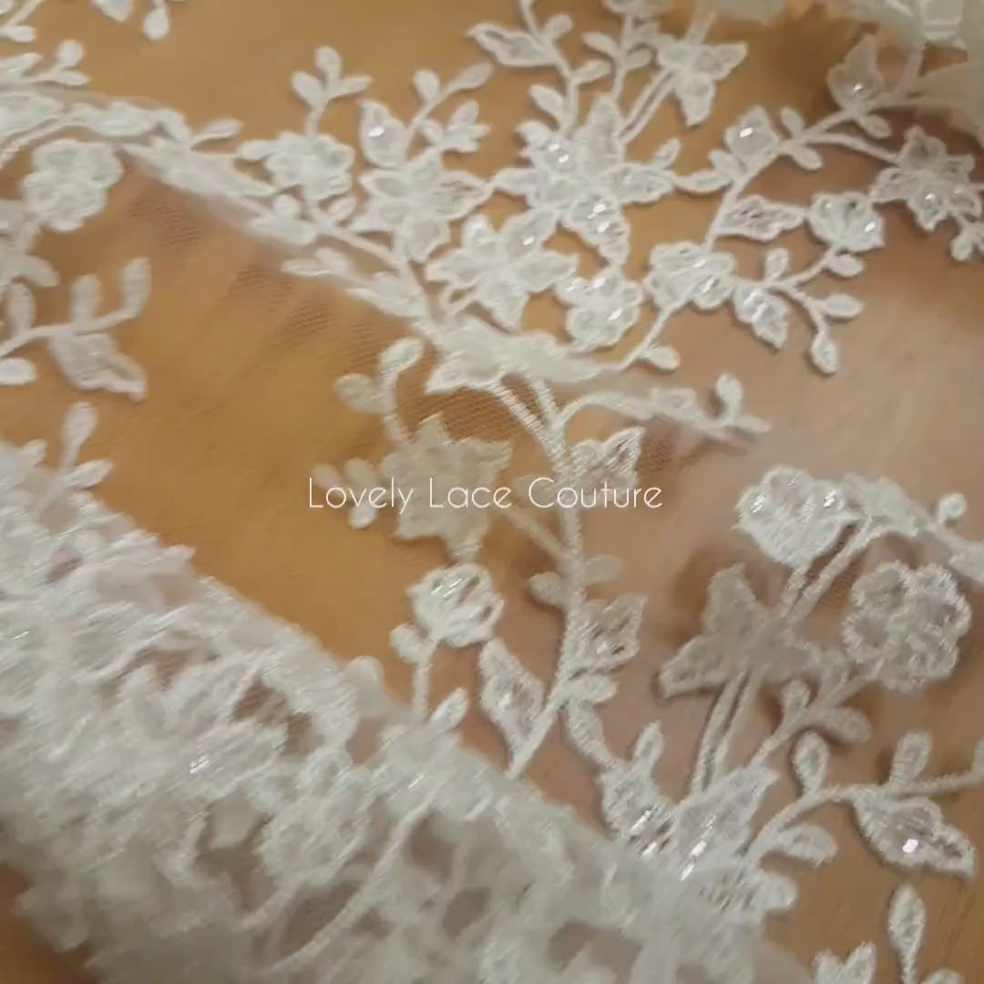 Blumen Spitzen Stoff mit transparenten Pailletten, Hochzeitsspitze, Brautspitze, Stickerei Spitze Stoff LL-1182