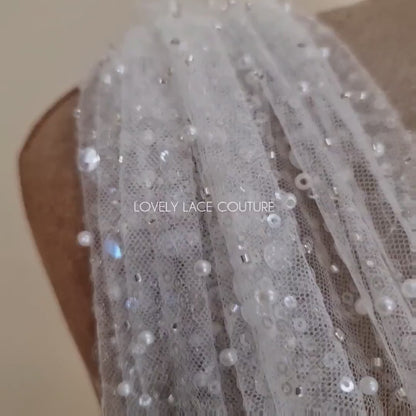LL-1539, Lovely bridal lace fabric with big sequins by yards, 3D-Lace Fabric in off-white, wedding dress lace