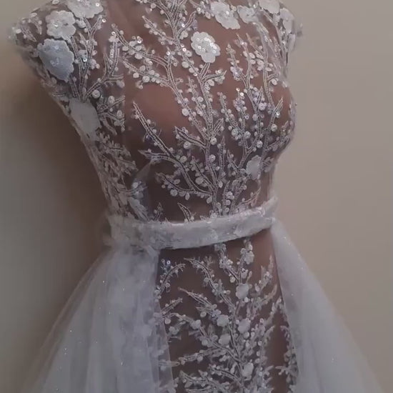 LL-1306, lovely beaded bridal lace fabric with flower design in off-white color