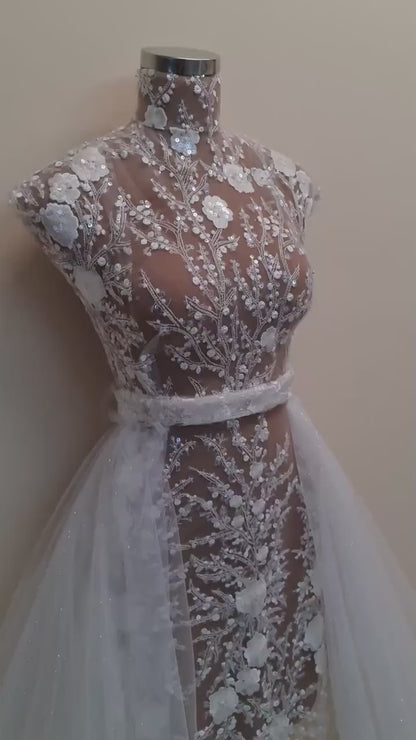 LL-1306, lovely beaded bridal lace fabric with flower design in off-white color