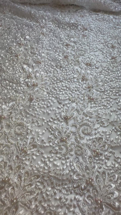 Tissu en dentelle à fleurs perlées, tissu en dentelle de mariage en ivoire, dentelle de mariée, tissu en dentelle brodée, dentelle pour robe de mariée LL-1313