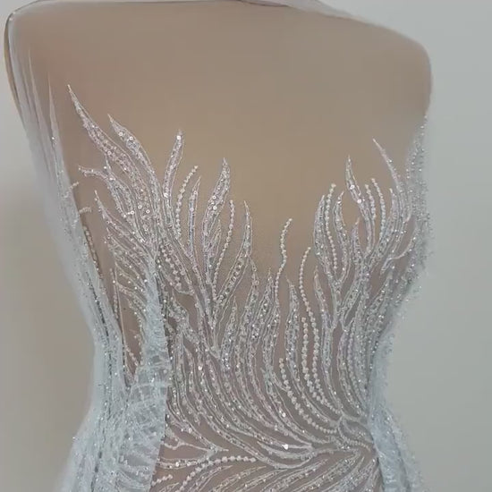 Wunderschöne Brautspitze mit abstraktem Wellendesign, Designer Couture Spitze in Elfenbeinfarbe, moderne Hochzeitspitze LL-1390