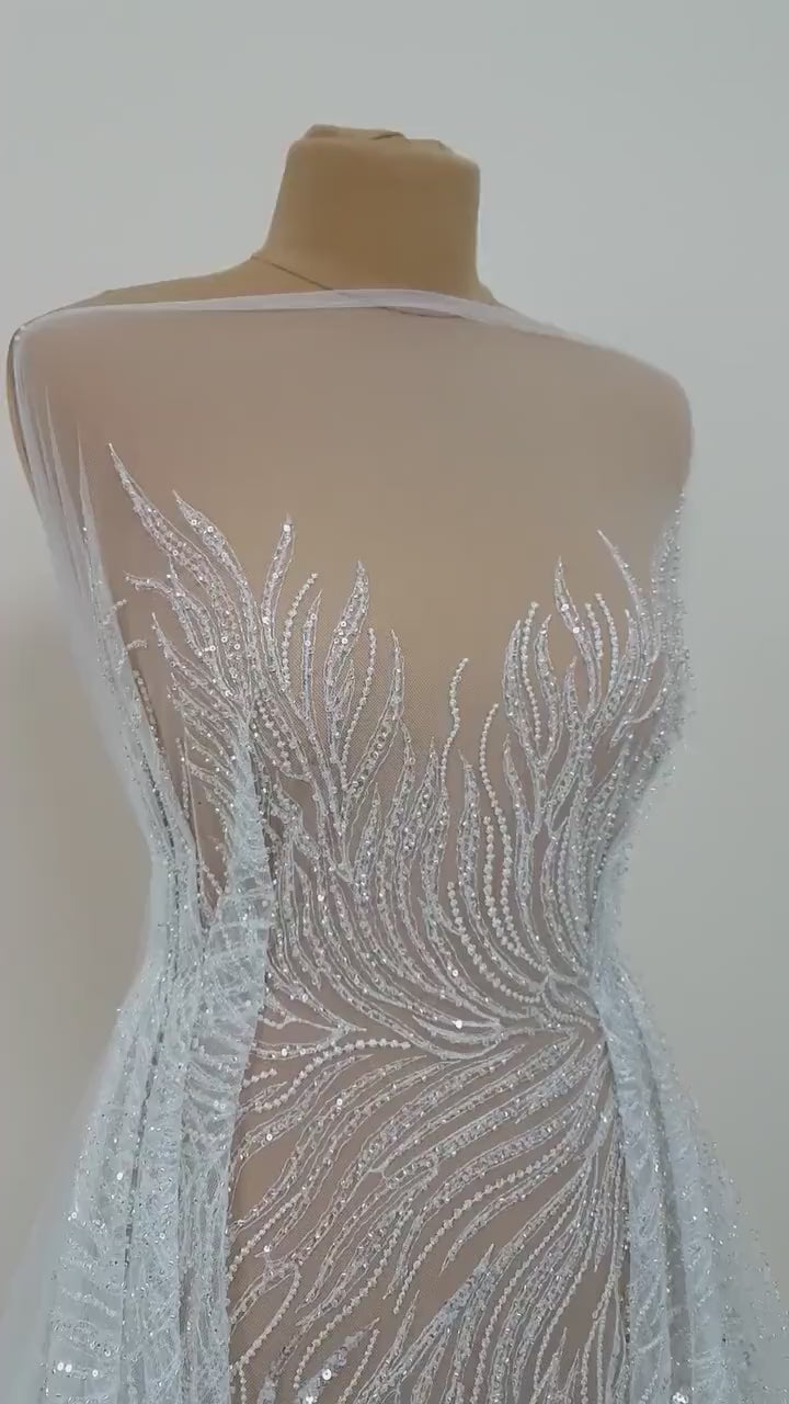 Wunderschöne Brautspitze mit abstraktem Wellendesign, Designer Couture Spitze in Elfenbeinfarbe, moderne Hochzeitspitze LL-1390