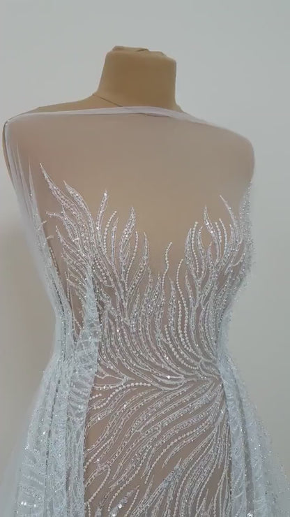 Wunderschöne Brautspitze mit abstraktem Wellendesign, Designer Couture Spitze in Elfenbeinfarbe, moderne Hochzeitspitze LL-1390