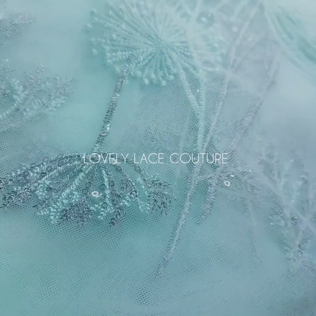 LL-1476, Lovely lace fabric with modern dandelion design, lace per metre, wedding dress lace fabric in mint color