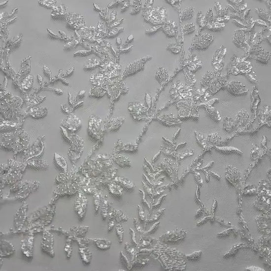 LL-1376 Beaded Flower bridal lace fabric with transparent sequins in off-white, Couture Lace Fabric, luxurious beaded wedding dress lace