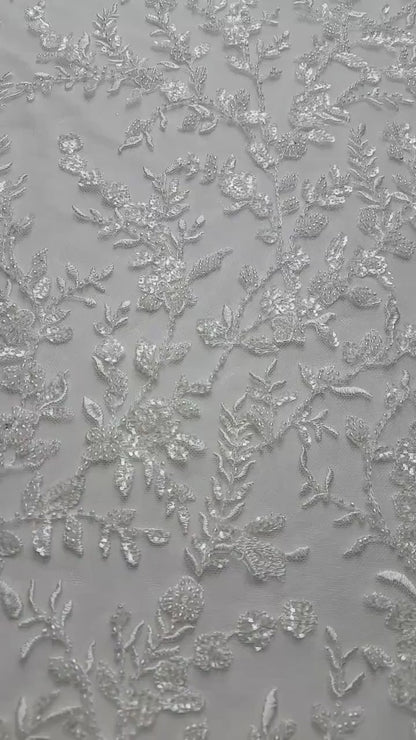LL-1376 Beaded Flower bridal lace fabric with transparent sequins in off-white, Couture Lace Fabric, luxurious beaded wedding dress lace