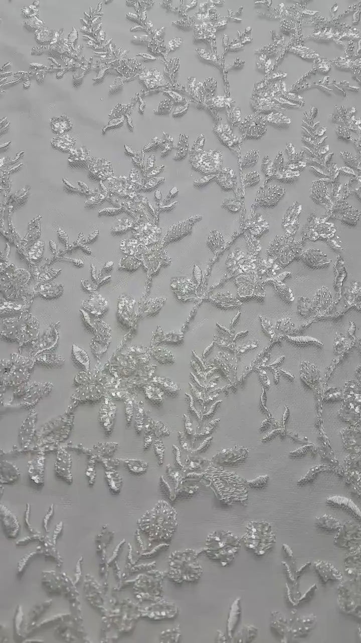 LL-1376 Beaded Flower bridal lace fabric with transparent sequins in off-white, Couture Lace Fabric, luxurious beaded wedding dress lace